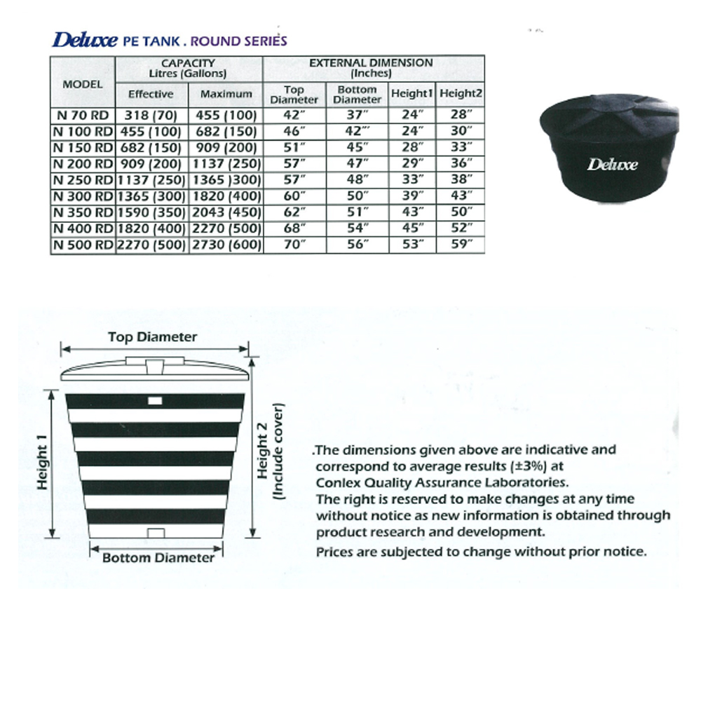 70/100 Gallon Deluxe Polyethylene Round type Water Tank