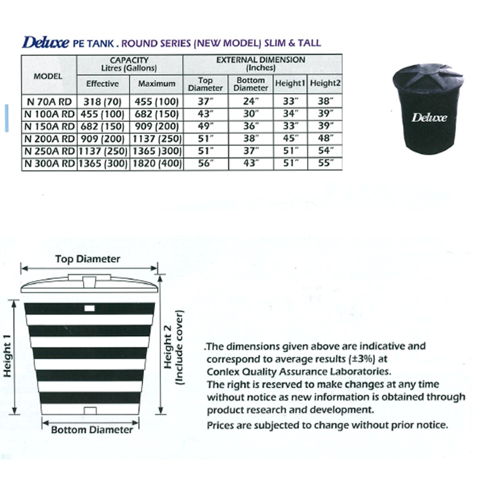 250/300 Gallon Deluxe Polyethylene Round (Slim & Tall) type Water Tank