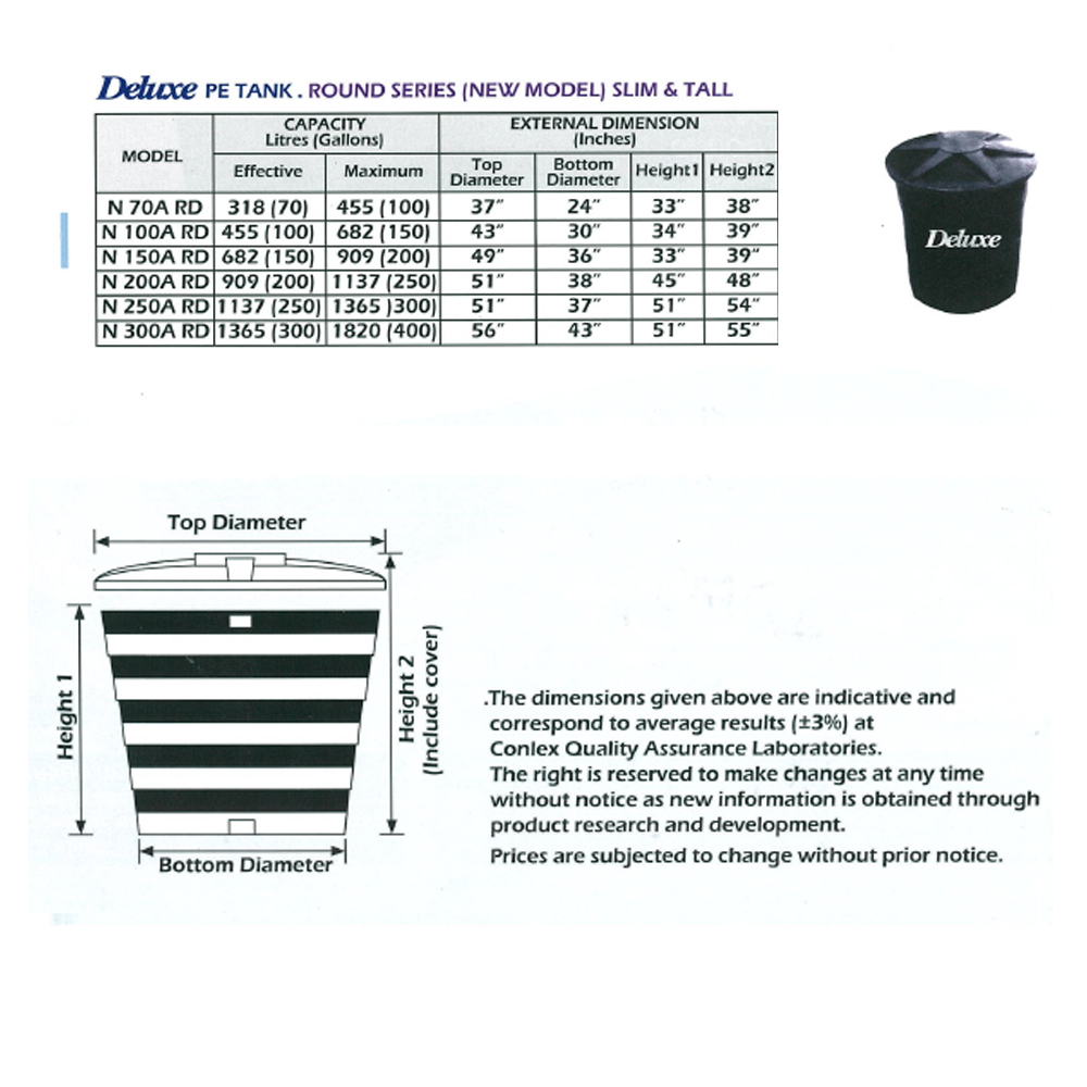 300/400 Gallon Deluxe Polyethylene Round (Slim & Tall) type Water Tank